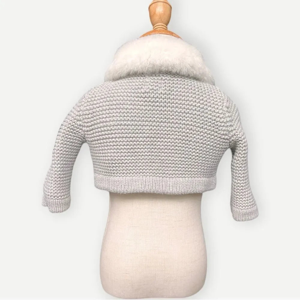 Baby Gap Girls Knit Gray Shrug Sweater with White Fur Collar & Bow. 0-3 Months.